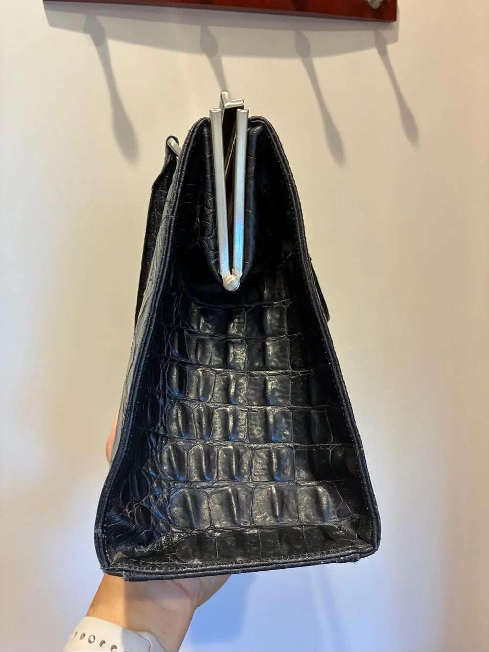 Ann Taylor Black Embossed leather Croc-Pattern Satchel